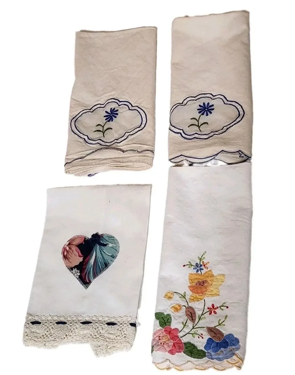 VTG Cottage Tea Towels 4 Heart Flowers Linen Kitchen Colorful Grandma Country